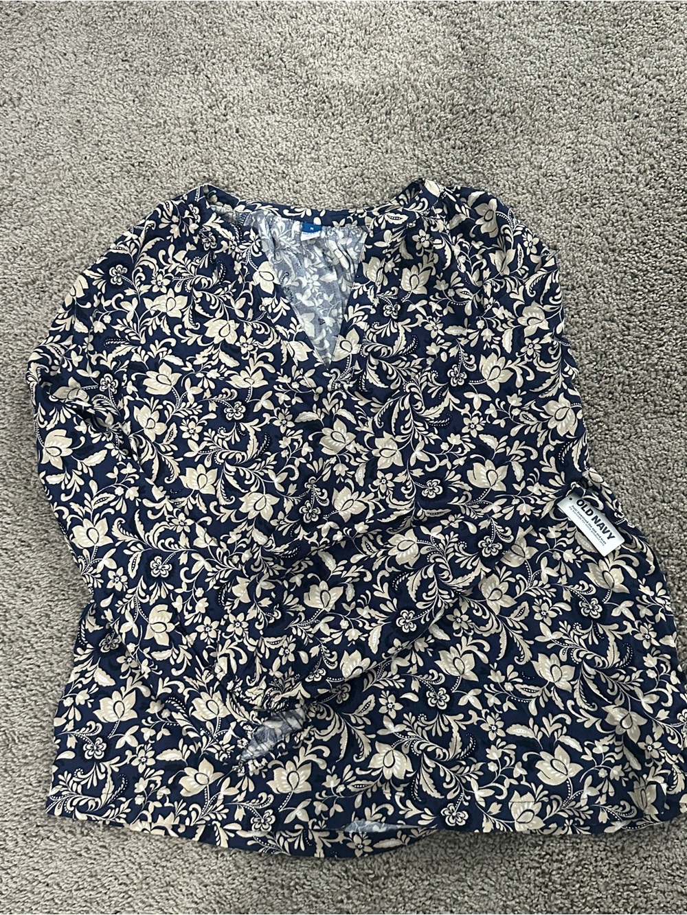 Old Navy Navy and Cream Floral V-Neck Blouse